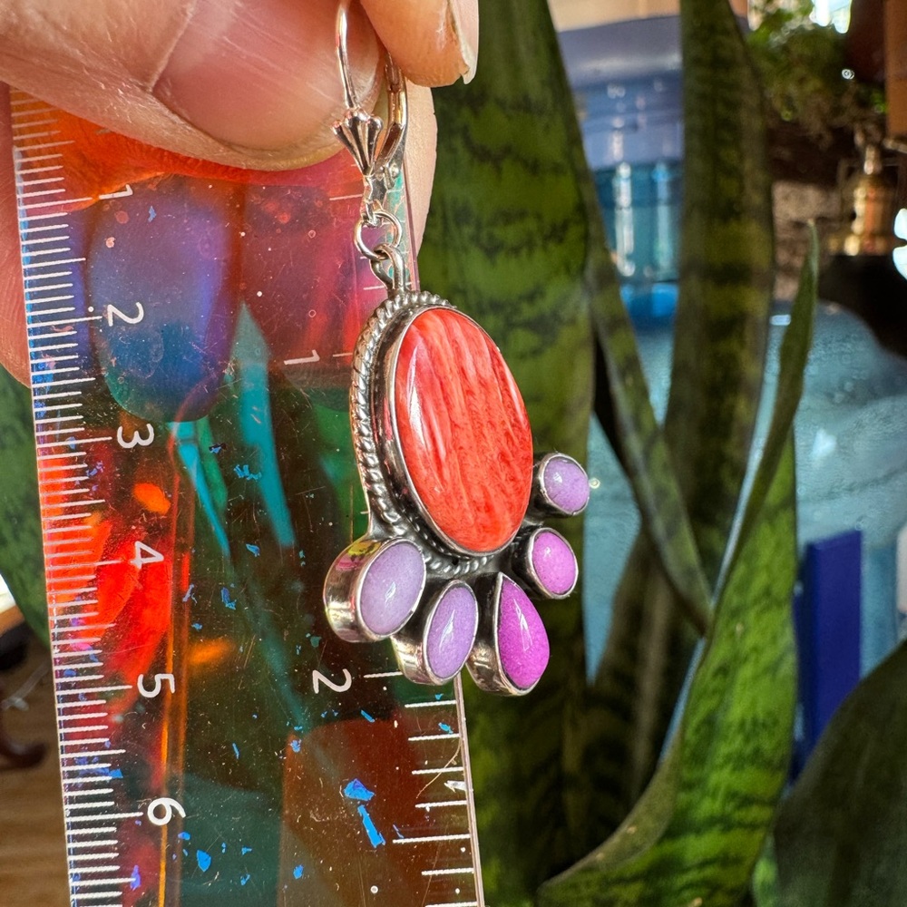 Sterling Navajo Spiney Oyster & Sugilite Drop Earrings - Picture 4 of 5